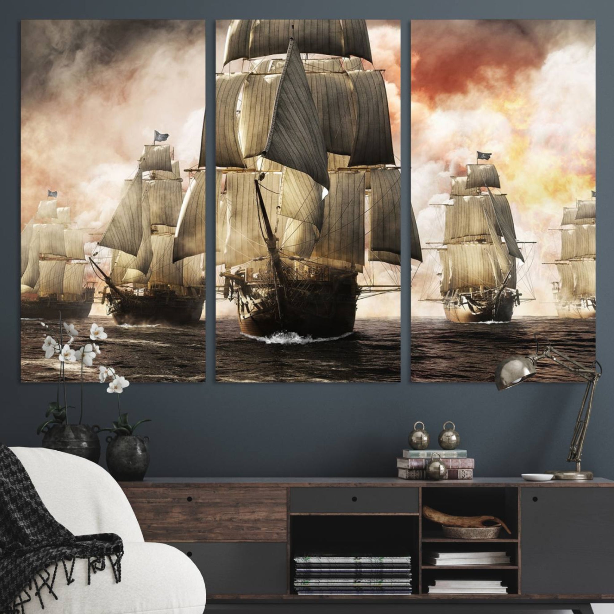 94180-MGV-CV-48X32-3P-Pirate Fleet Canvas Wall Art Print Pirate Ships Canvas Print Vintage Painting Art Nautical Wall Art