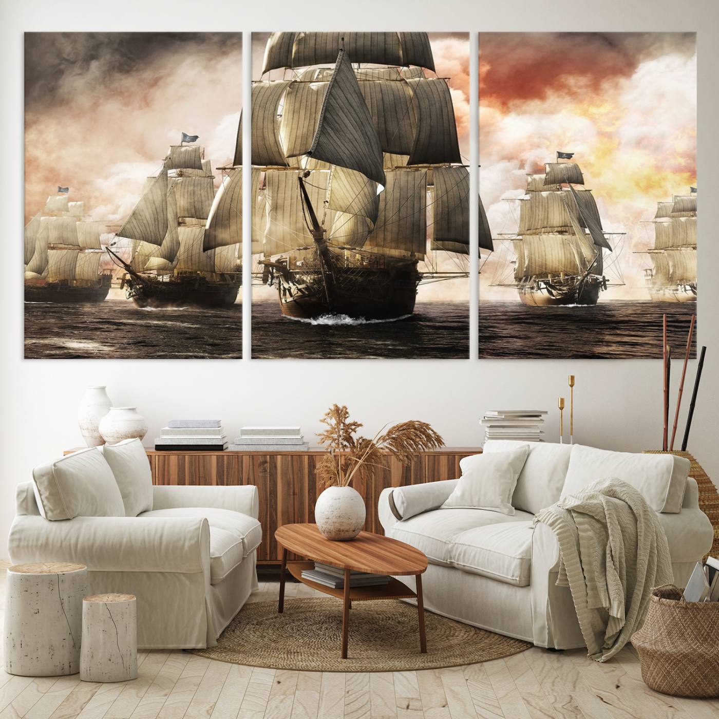 94180-MGV-CV-60X30-3P-Pirate Fleet Canvas Wall Art Print Pirate Ships Canvas Print Vintage Painting Art Nautical Wall Art