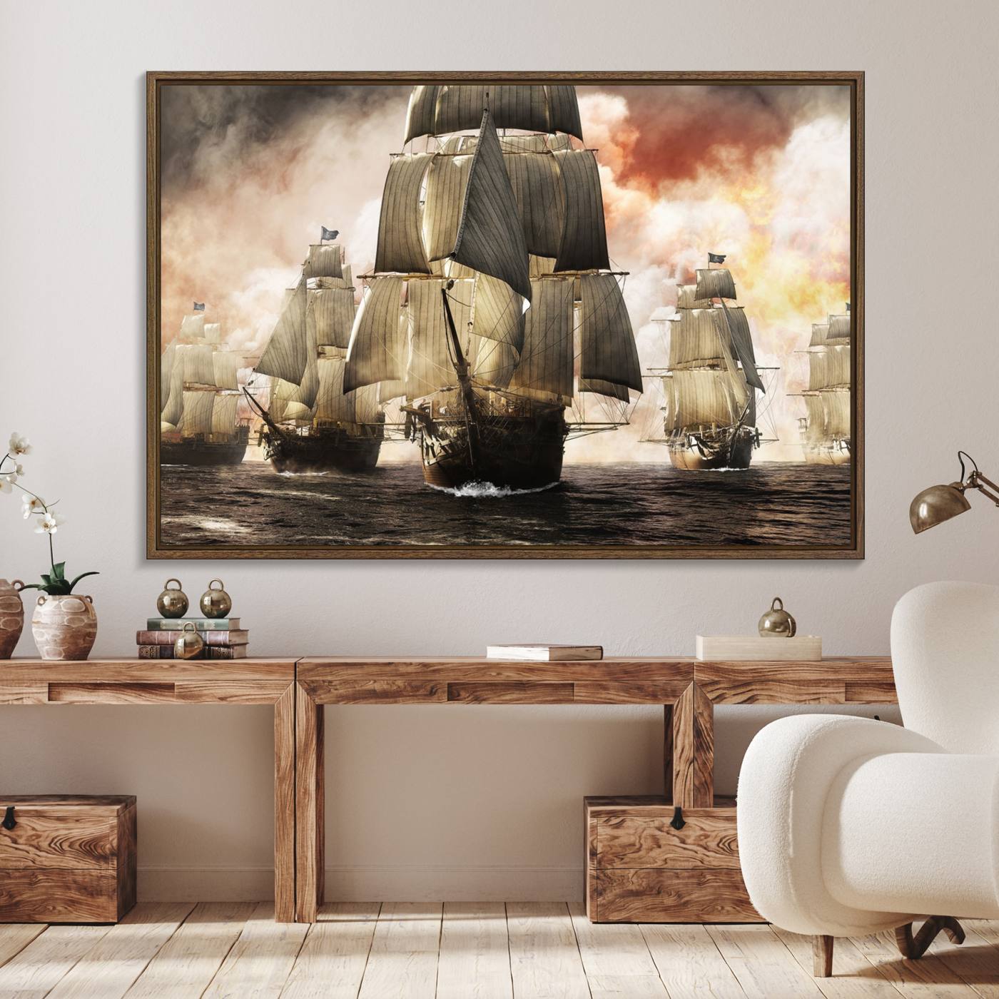94180-MGV-FC-36X24_Walnut-Pirate Fleet Canvas Wall Art Print Pirate Ships Canvas Print Vintage Painting Art Nautical Wall Art