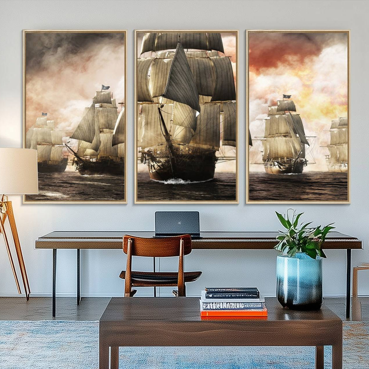 94180-MGV-FC-48X32-3P_Natural-Pirate Fleet Canvas Wall Art Print Pirate Ships Canvas Print Vintage Painting Art Nautical Wall Art
