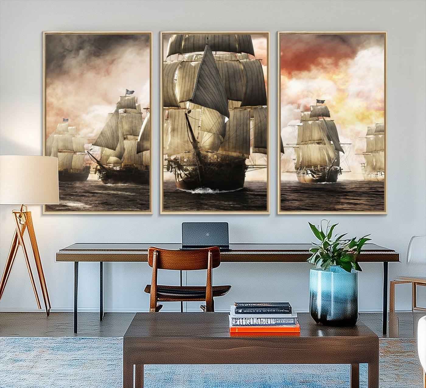 94180-MGV-FC-48X32-3P_Natural-Pirate Fleet Canvas Wall Art Print Pirate Ships Canvas Print Vintage Painting Art Nautical Wall Art