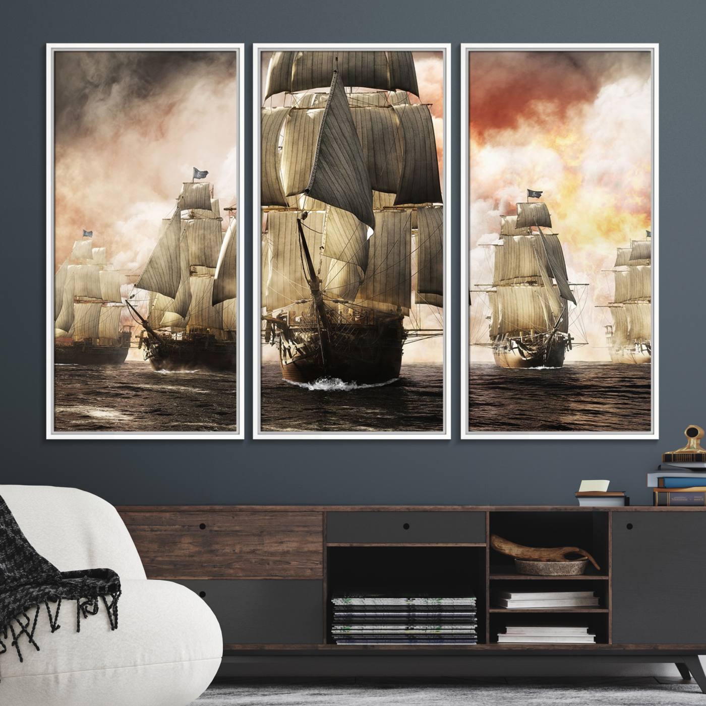 94180-MGV-FC-48X32-3P_White-Pirate Fleet Canvas Wall Art Print Pirate Ships Canvas Print Vintage Painting Art Nautical Wall Art