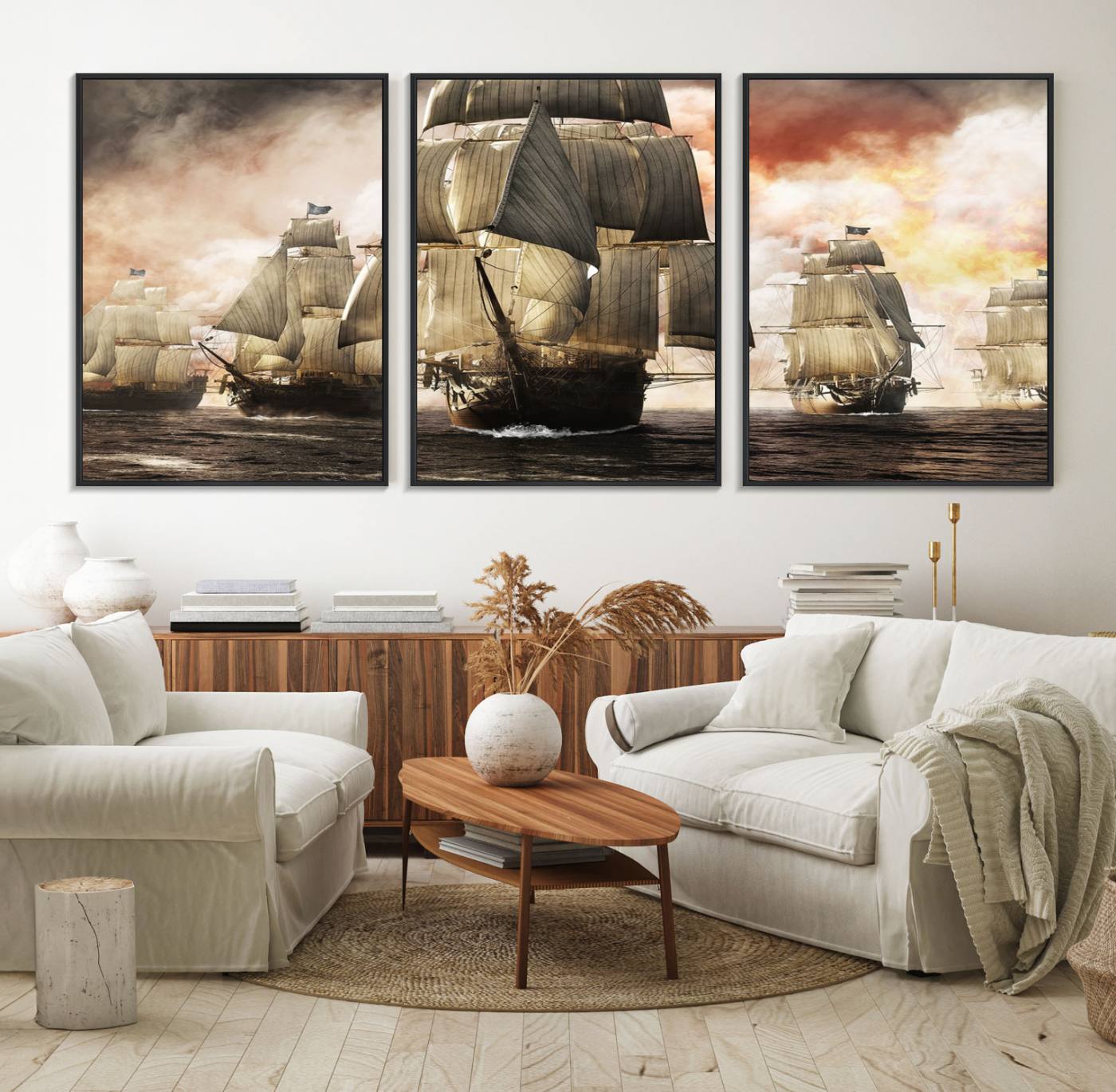 94180-MGV-FC-60X30-3P_Black-Pirate Fleet Canvas Wall Art Print Pirate Ships Canvas Print Vintage Painting Art Nautical Wall Art