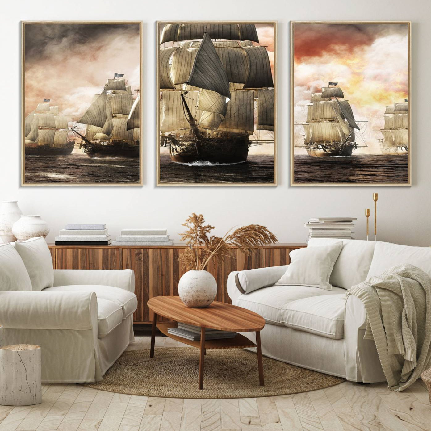 94180-MGV-FC-60X30-3P_Natural-Pirate Fleet Canvas Wall Art Print Pirate Ships Canvas Print Vintage Painting Art Nautical Wall Art