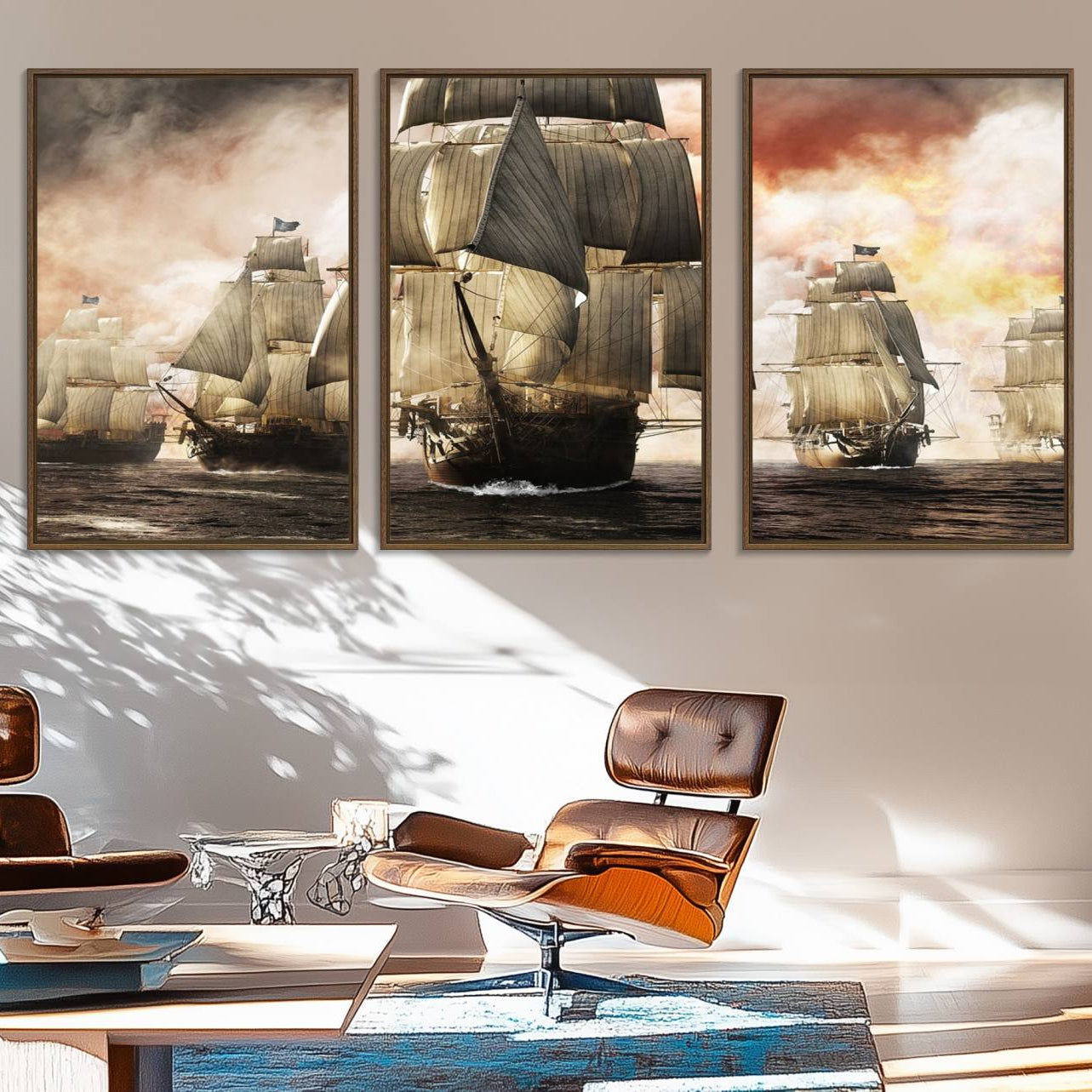 94180-MGV-FC-60X30-3P_Walnut-Pirate Fleet Canvas Wall Art Print Pirate Ships Canvas Print Vintage Painting Art Nautical Wall Art