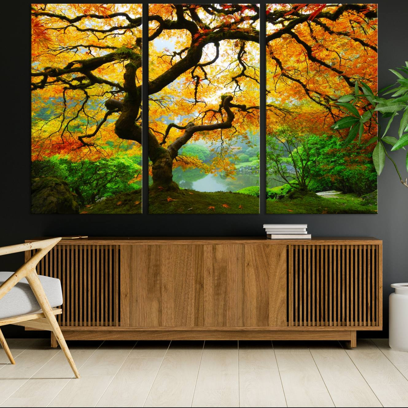 78748-MGV-CV-36X24-Portland Japanese Maple Tree Canvas Wall Art – Japanese Garden Landscape Print – Framed and Ready to
