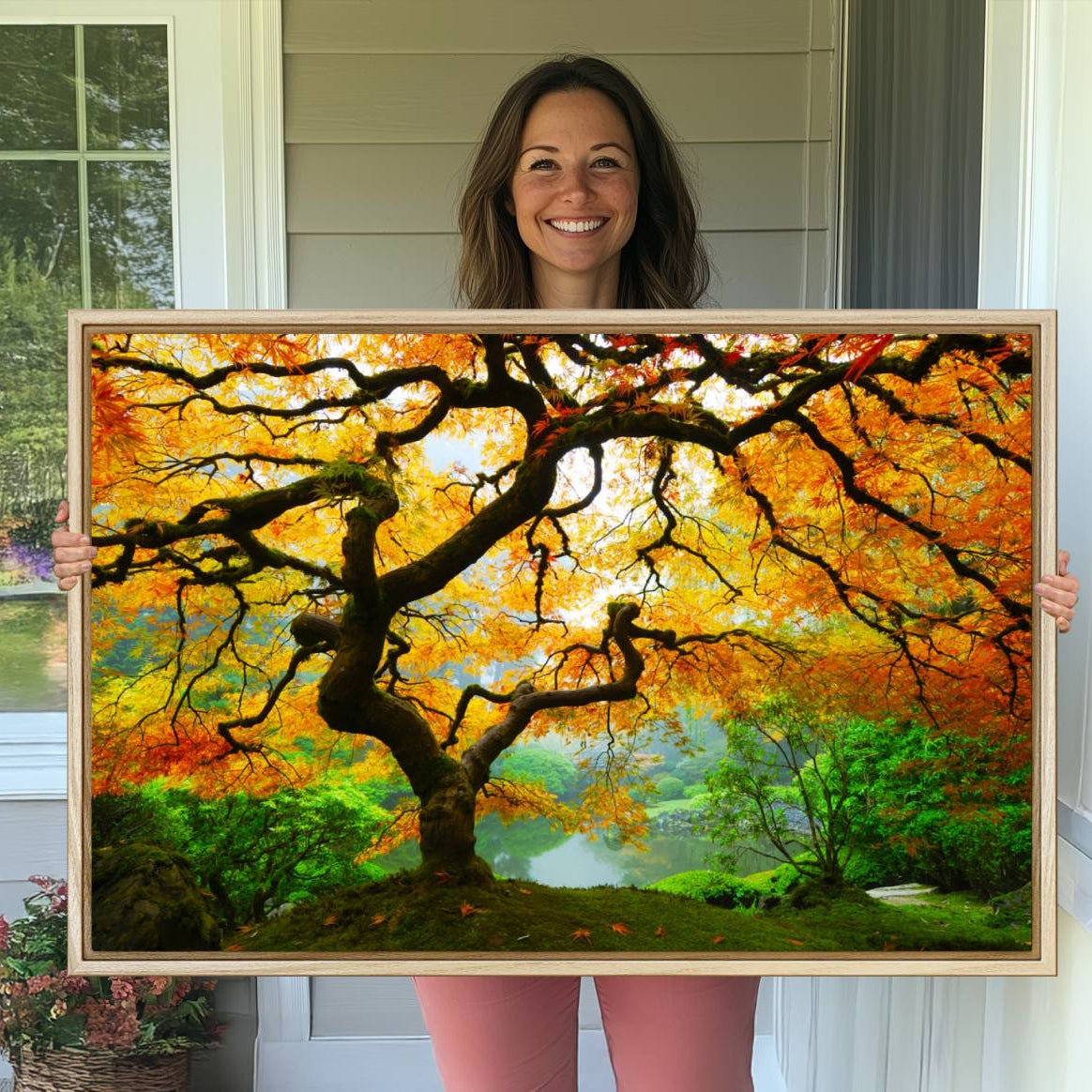 -Portland Japanese Maple Tree Canvas Wall Art – Japanese Garden Landscape Print – Framed and Ready to