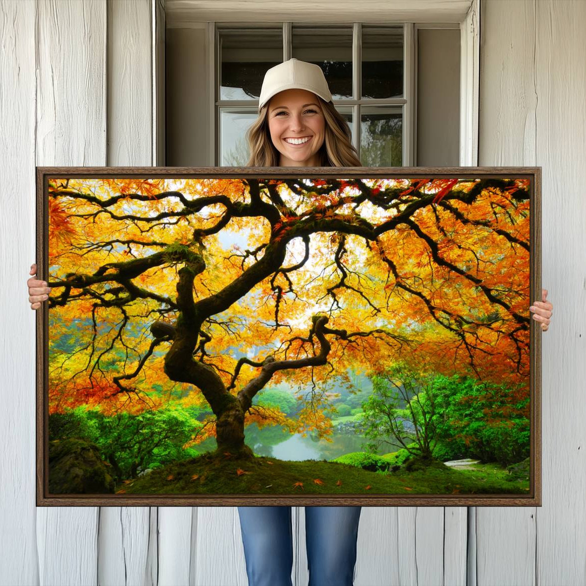 78748-MGV-CV-36X24-Portland Japanese Maple Tree Canvas Wall Art – Japanese Garden Landscape Print – Framed and Ready to