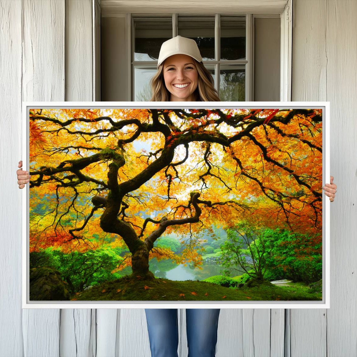 78748-MGV-CV-36X24-Portland Japanese Maple Tree Canvas Wall Art – Japanese Garden Landscape Print – Framed and Ready to