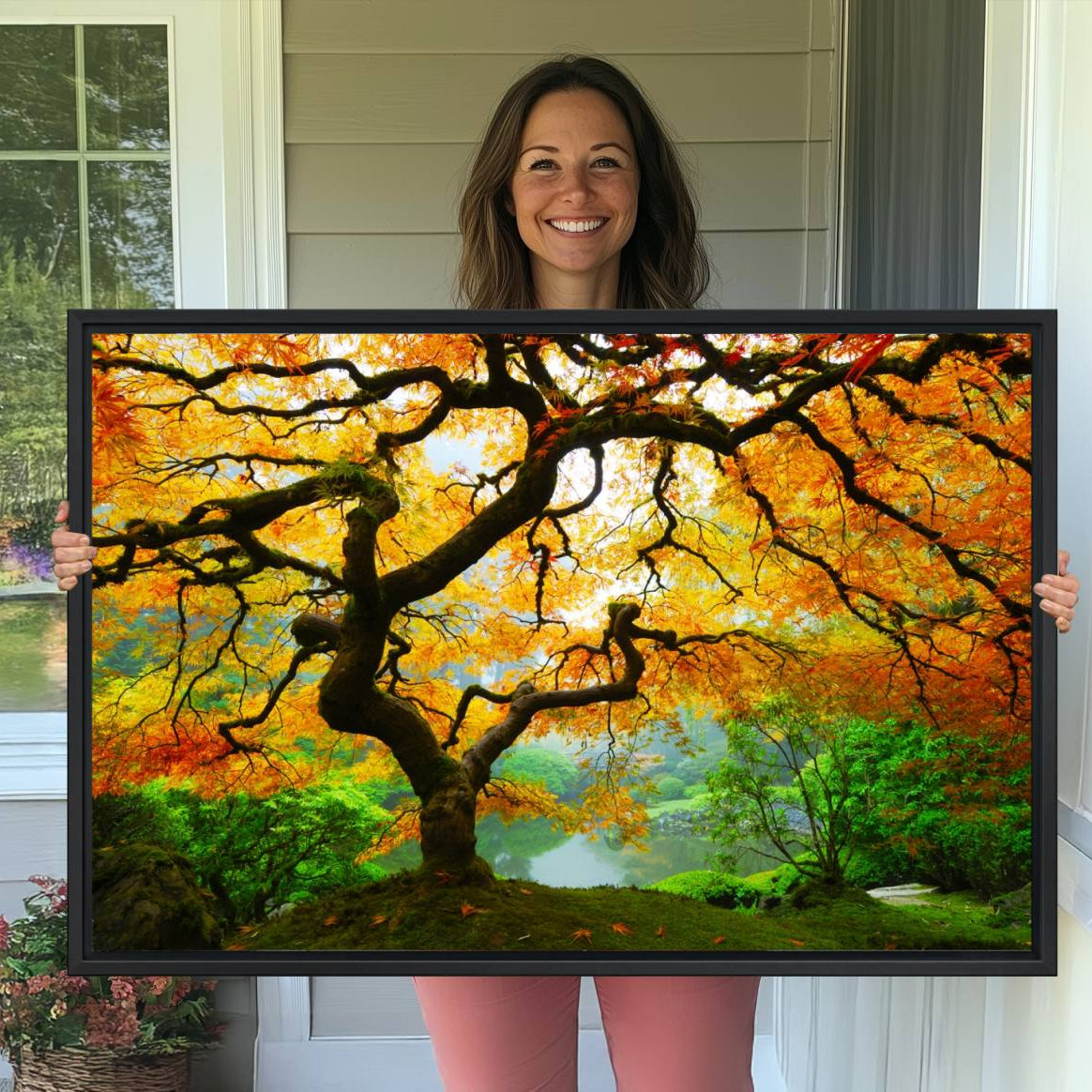 78748-MGV-CV-36X24-Portland Japanese Maple Tree Canvas Wall Art – Japanese Garden Landscape Print – Framed and Ready to