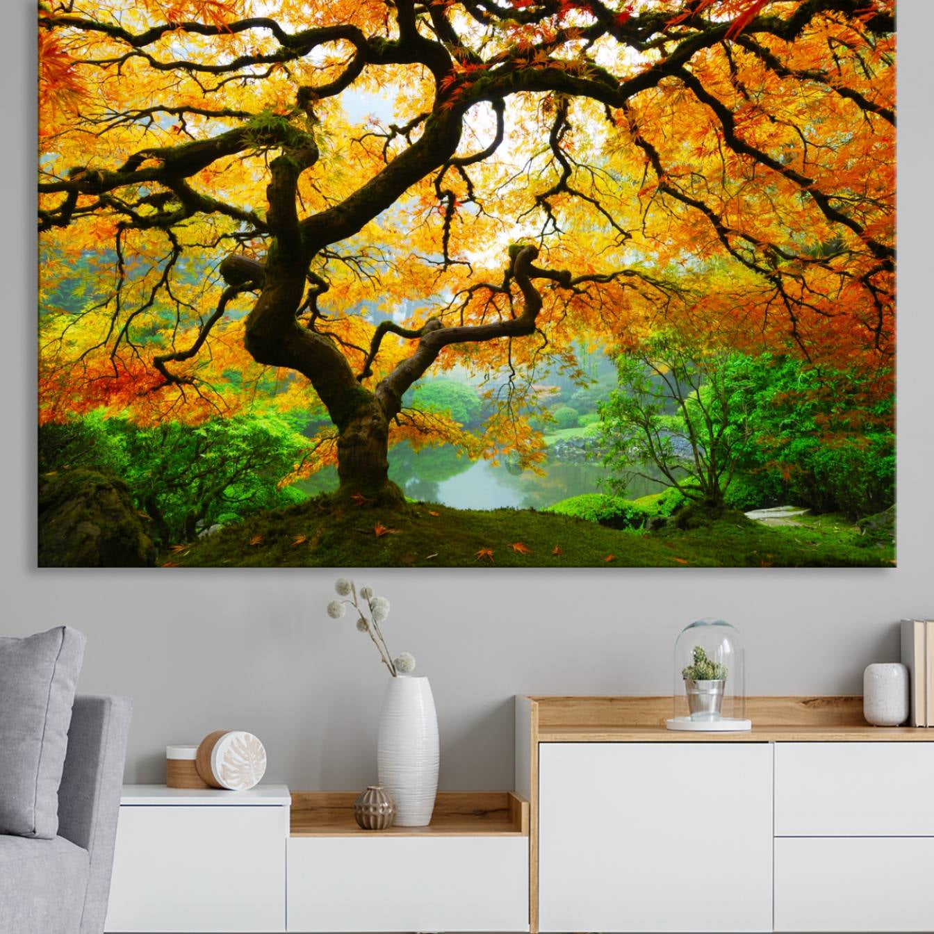 78748-MGV-CV-36X24-Portland Japanese Maple Tree Canvas Wall Art – Japanese Garden Landscape Print – Framed and Ready to