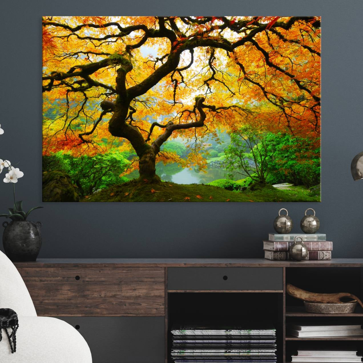 78748-MGV-CV-36X24-Portland Japanese Maple Tree Canvas Wall Art – Japanese Garden Landscape Print – Framed and Ready to