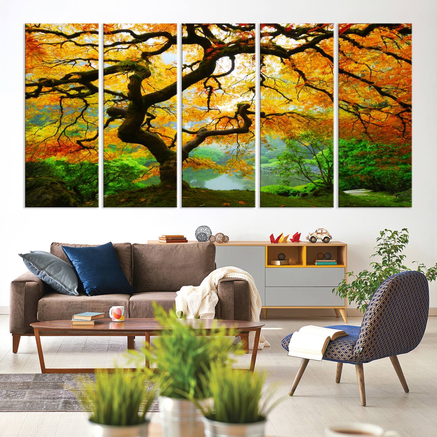 78748-MGV-CV-60X31-5P-Portland Japanese Maple Tree Canvas Wall Art – Japanese Garden Landscape Print – Framed and Ready to