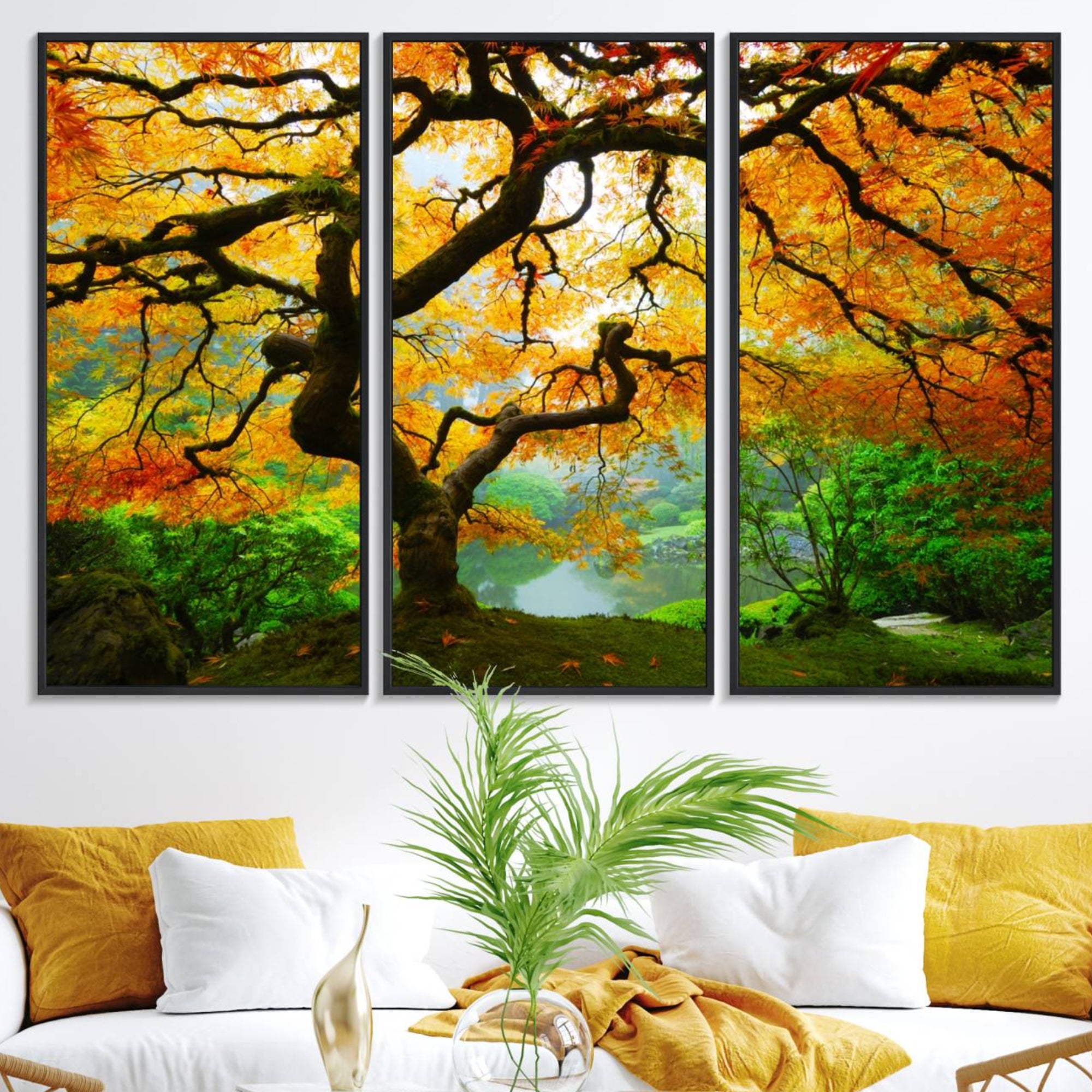 78748-MGV-FC-48X32-3P_Black-Portland Japanese Maple Tree Canvas Wall Art – Japanese Garden Landscape Print – Framed and Ready to