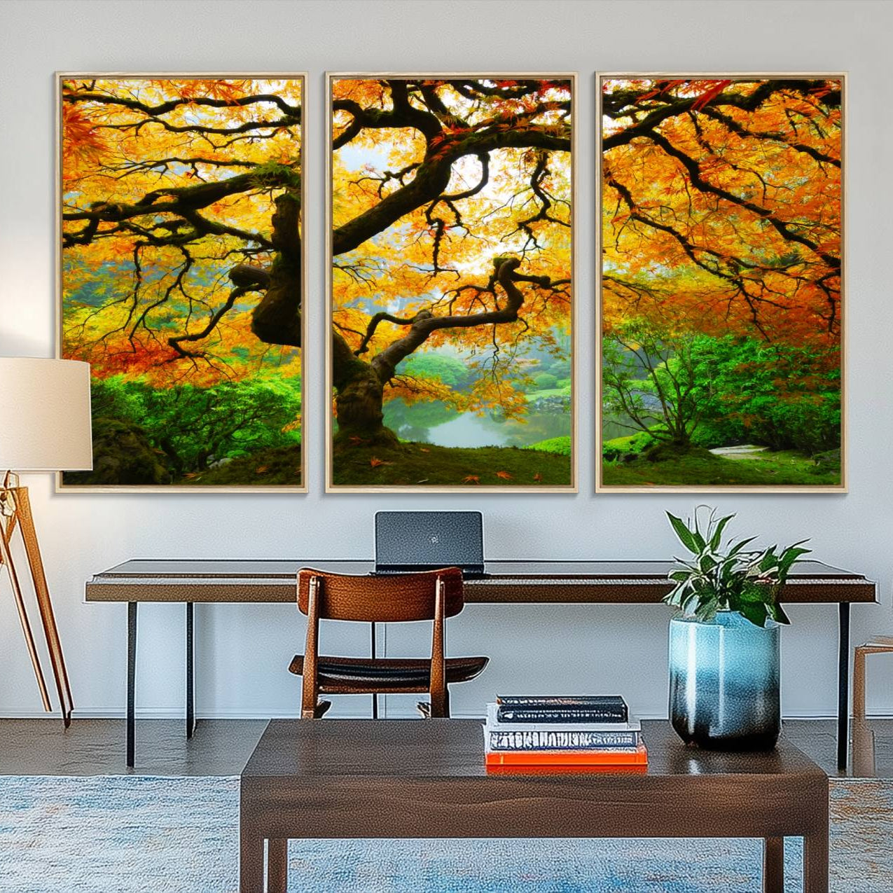 78748-MGV-FC-48X32-3P_Natural-Portland Japanese Maple Tree Canvas Wall Art – Japanese Garden Landscape Print – Framed and Ready to