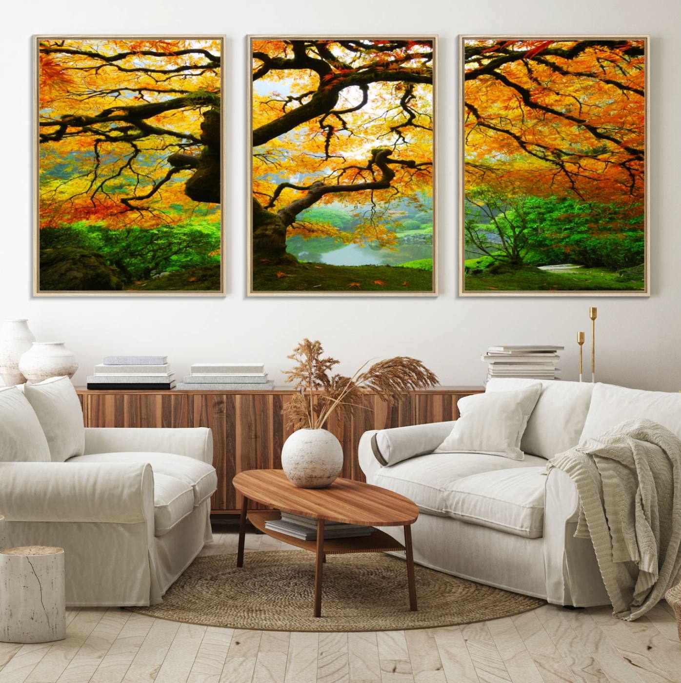 78748-MGV-FC-60X30-3P_Natural-Portland Japanese Maple Tree Canvas Wall Art – Japanese Garden Landscape Print – Framed and Ready to