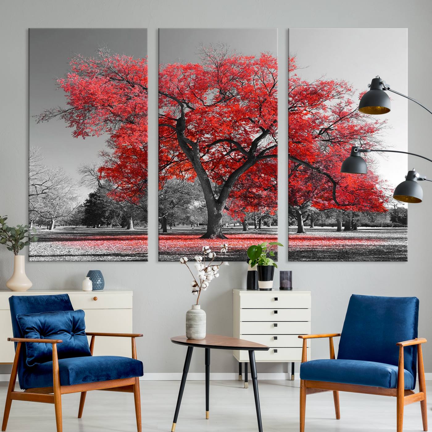 -Red Autumn Tree Canvas Wall Art Print Autumn Art Black and White Nature Photo Art Tree