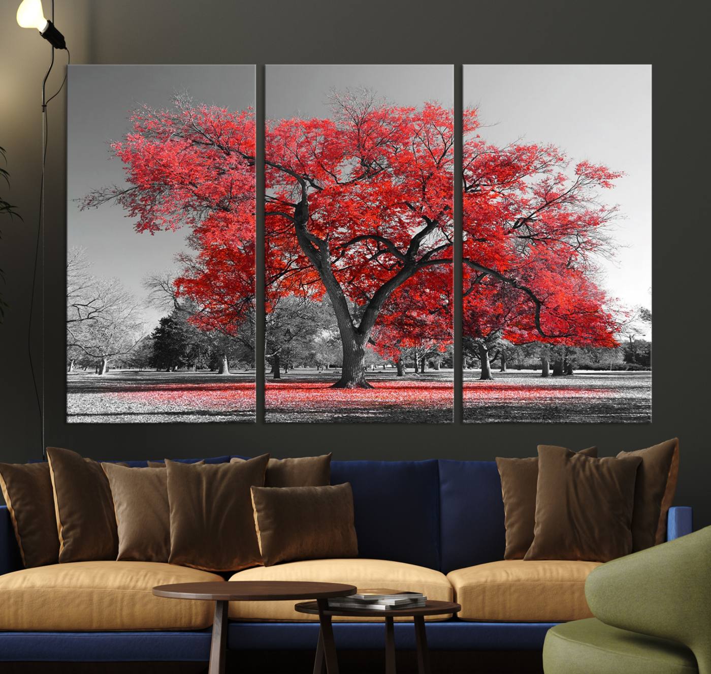 -Red Autumn Tree Canvas Wall Art Print Autumn Art Black and White Nature Photo Art Tree
