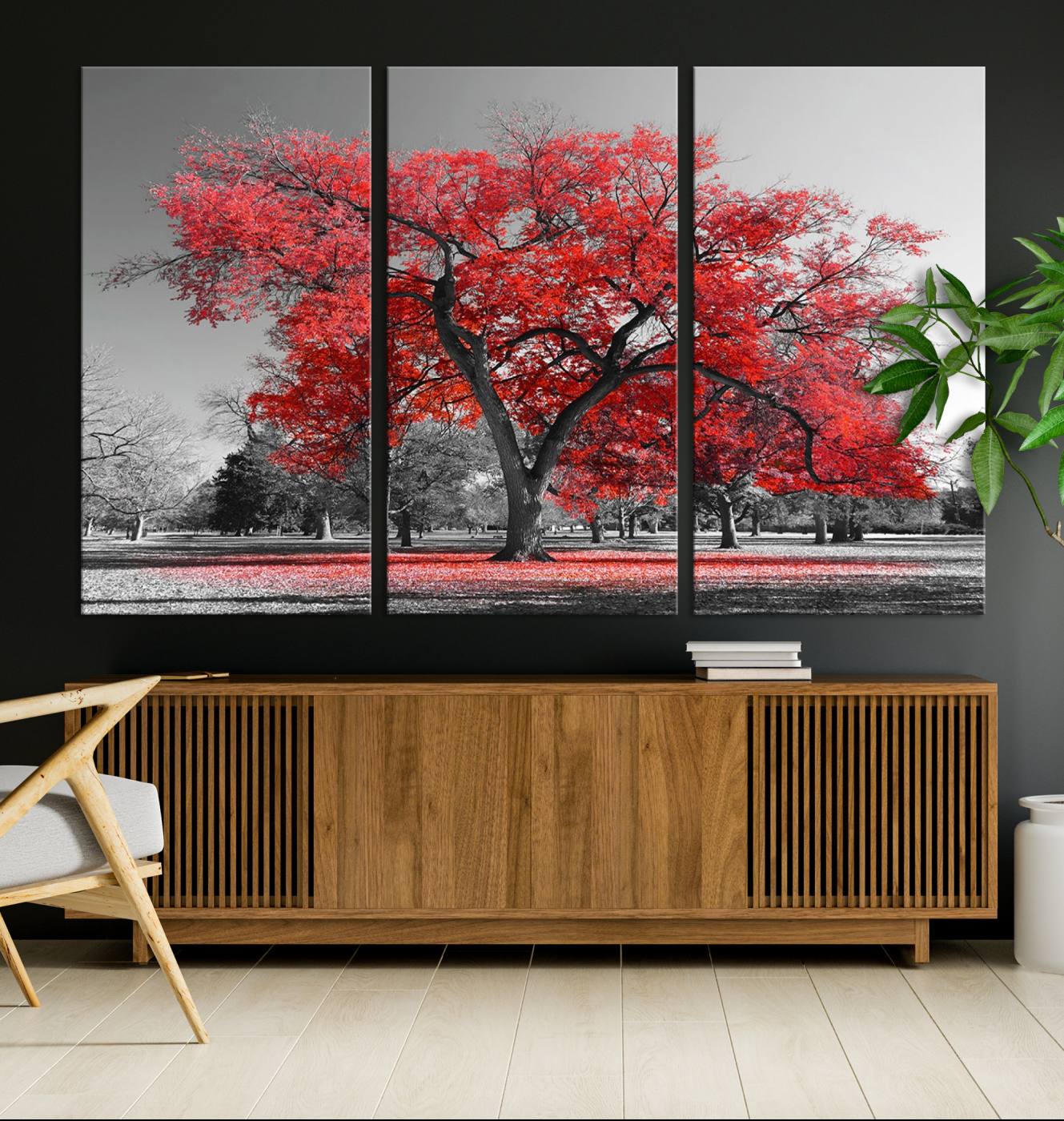 -Red Autumn Tree Canvas Wall Art Print Autumn Art Black and White Nature Photo Art Tree