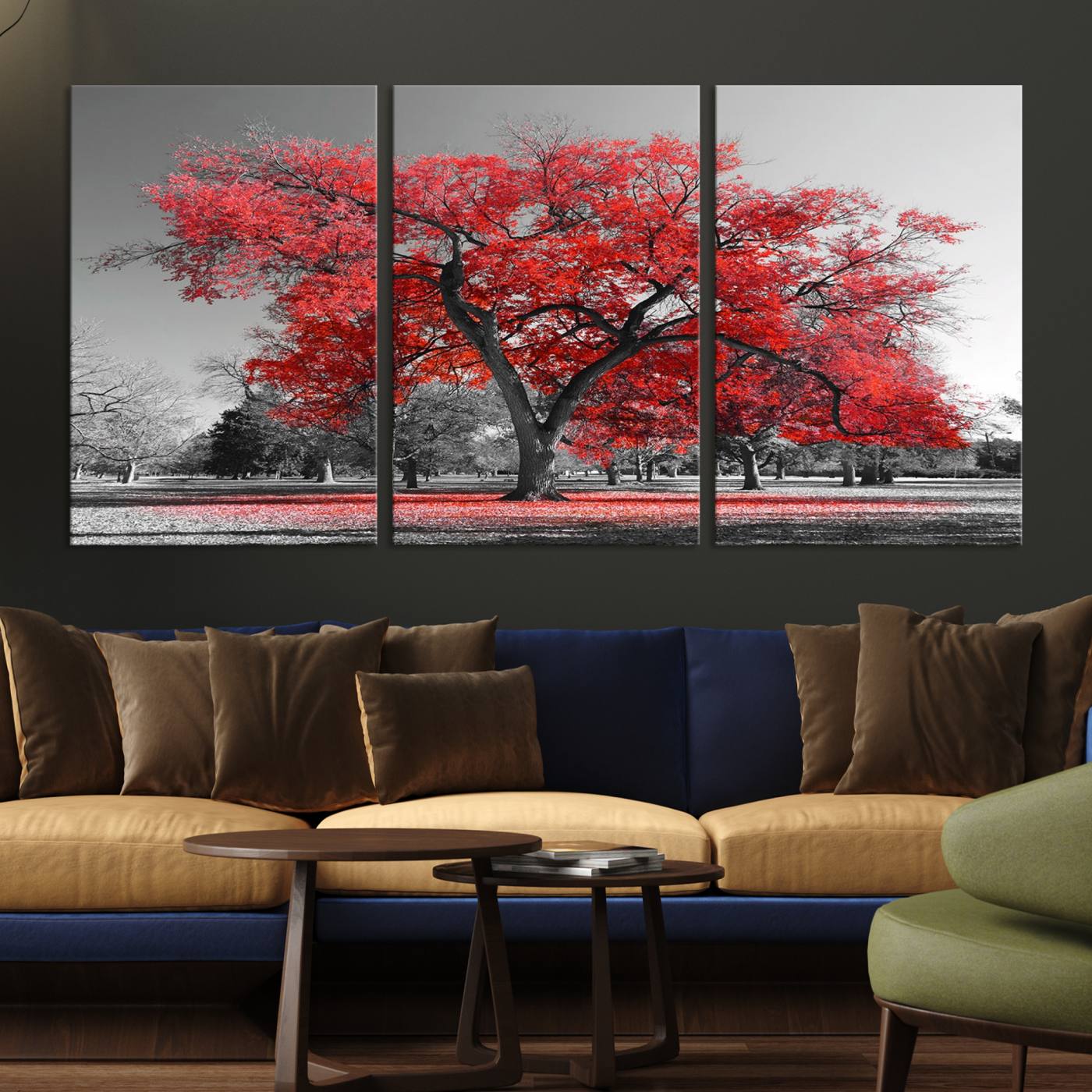 -Red Autumn Tree Canvas Wall Art Print Autumn Art Black and White Nature Photo Art Tree