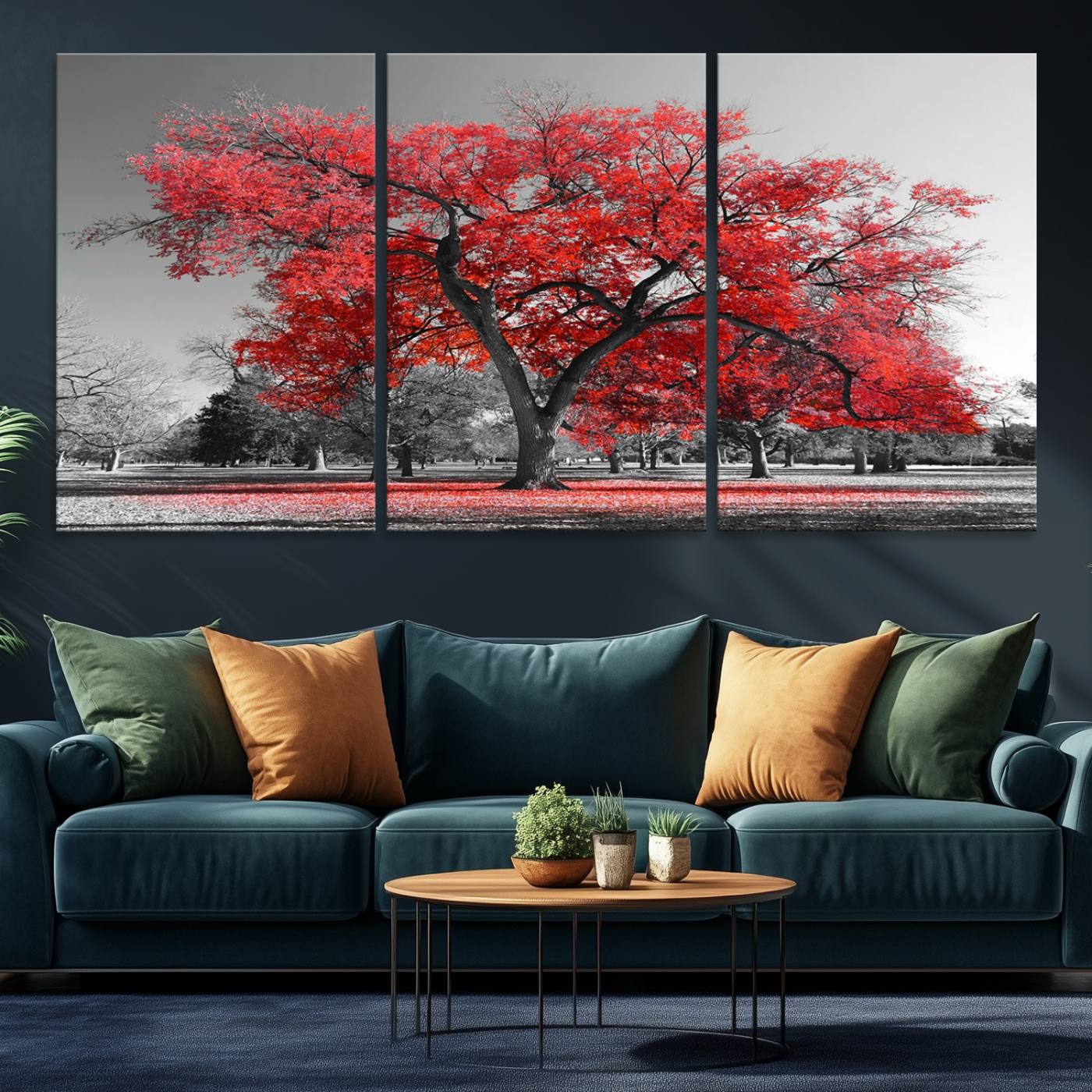 -Red Autumn Tree Canvas Wall Art Print Autumn Art Black and White Nature Photo Art Tree