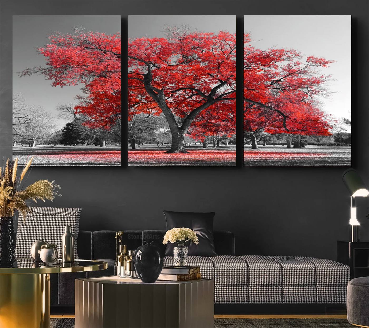 -Red Autumn Tree Canvas Wall Art Print Autumn Art Black and White Nature Photo Art Tree