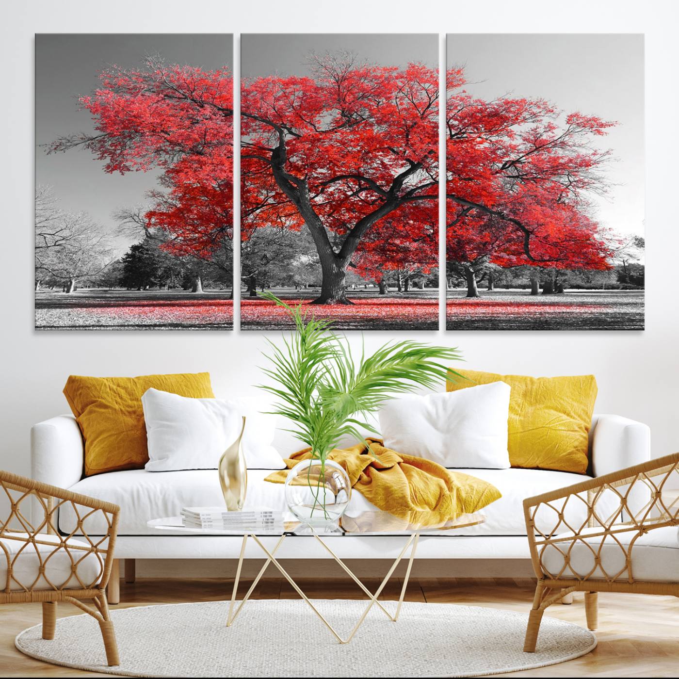 -Red Autumn Tree Canvas Wall Art Print Autumn Art Black and White Nature Photo Art Tree
