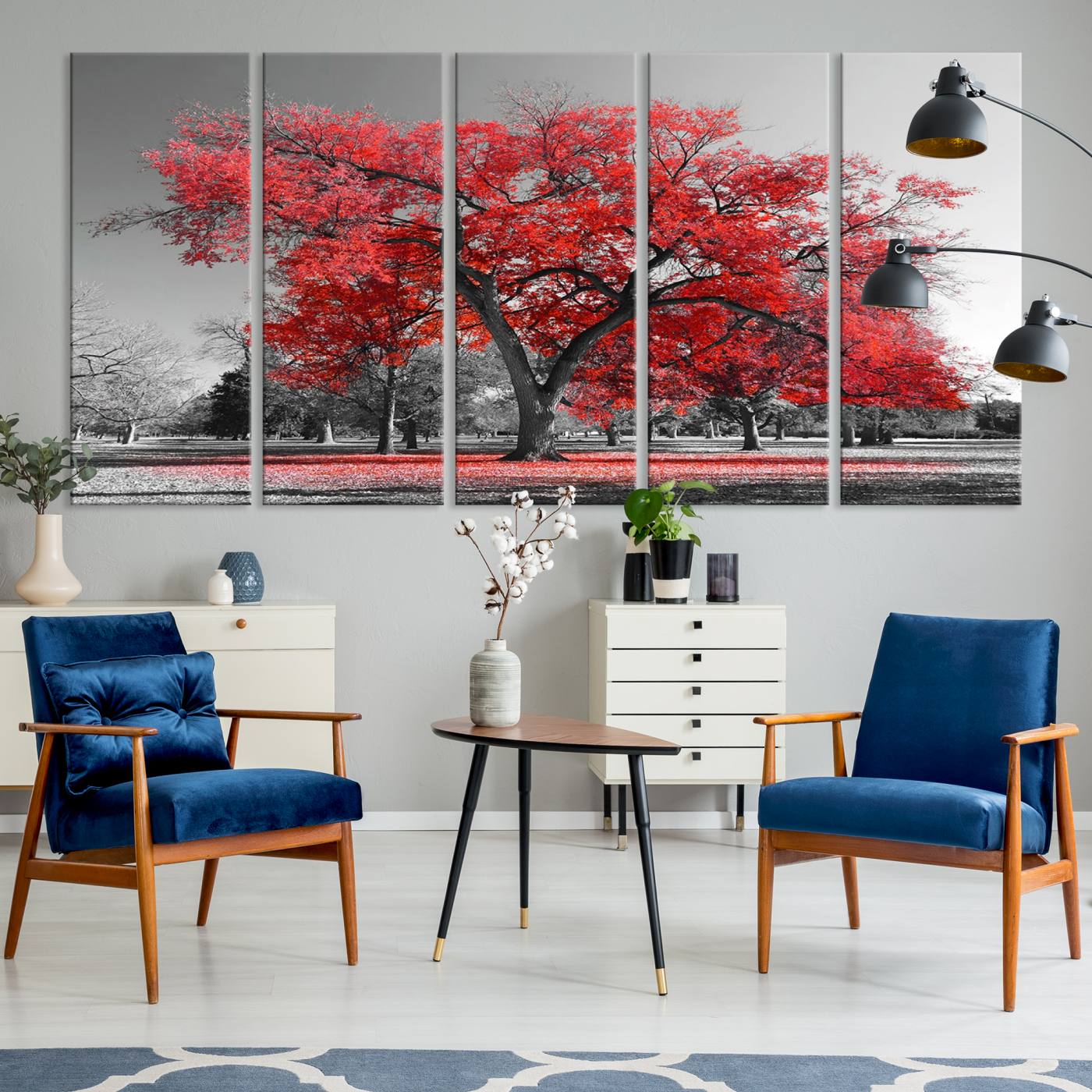 -Red Autumn Tree Canvas Wall Art Print Autumn Art Black and White Nature Photo Art Tree