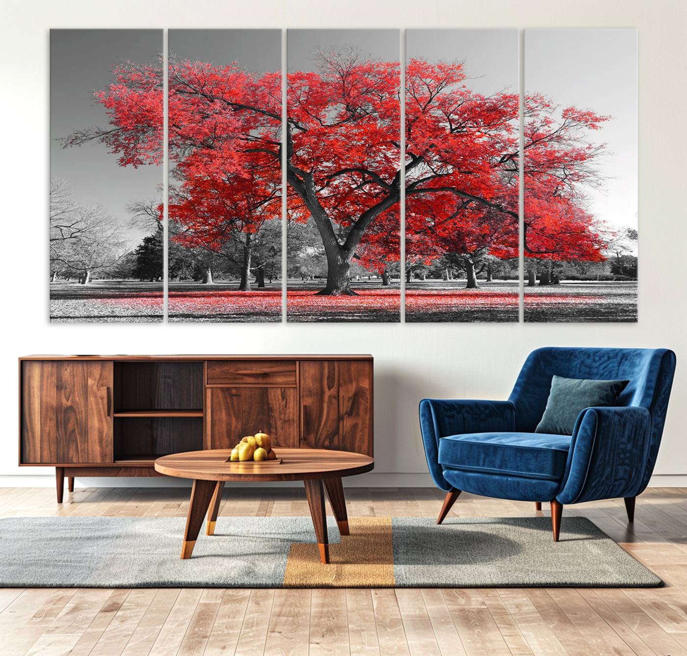 -Red Autumn Tree Canvas Wall Art Print Autumn Art Black and White Nature Photo Art Tree