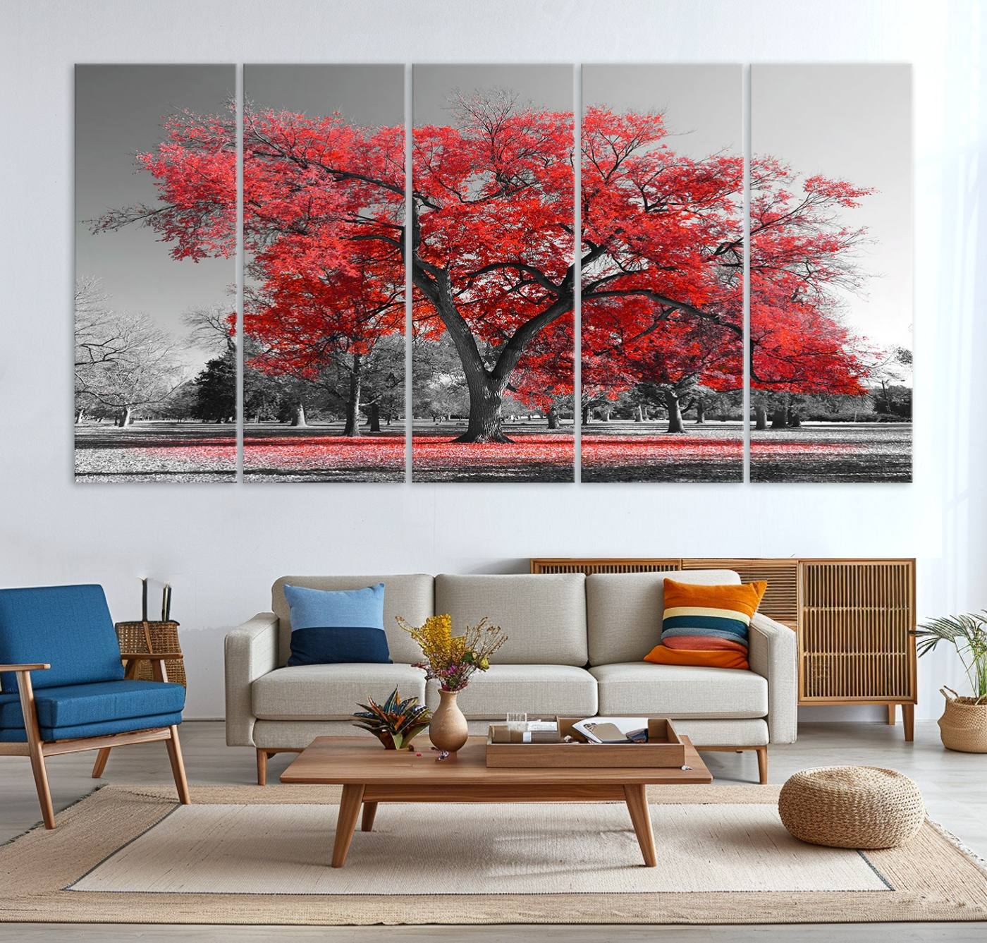 -Red Autumn Tree Canvas Wall Art Print Autumn Art Black and White Nature Photo Art Tree