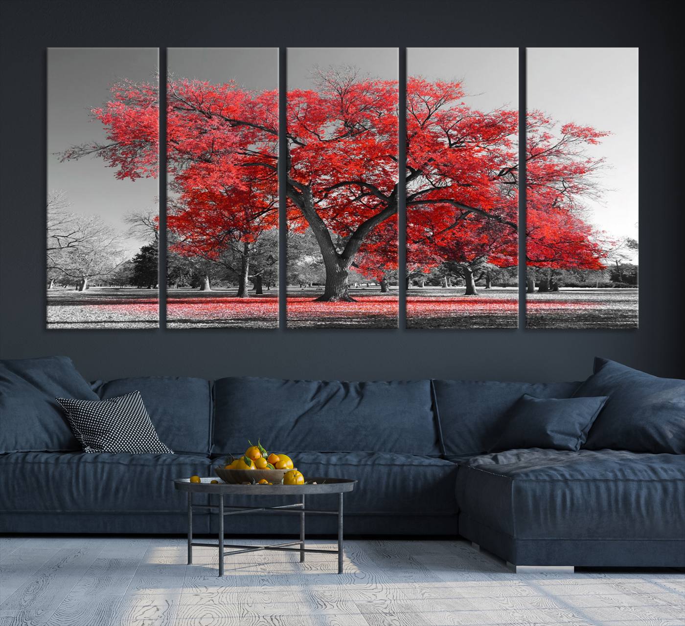-Red Autumn Tree Canvas Wall Art Print Autumn Art Black and White Nature Photo Art Tree