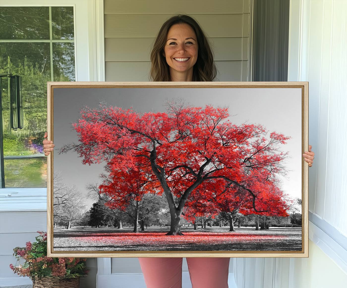 -Red Autumn Tree Canvas Wall Art Print Autumn Art Black and White Nature Photo Art Tree