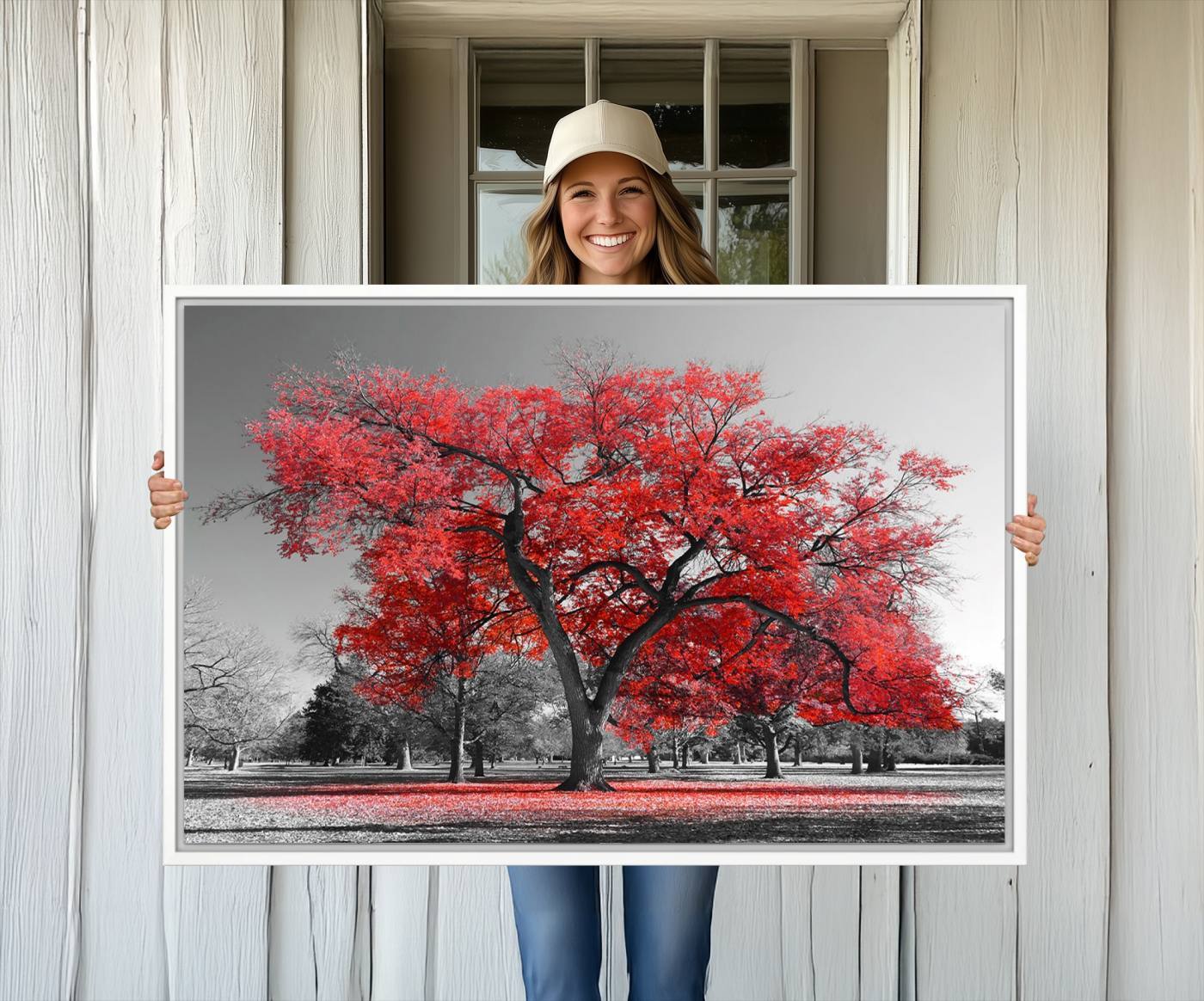 -Red Autumn Tree Canvas Wall Art Print Autumn Art Black and White Nature Photo Art Tree