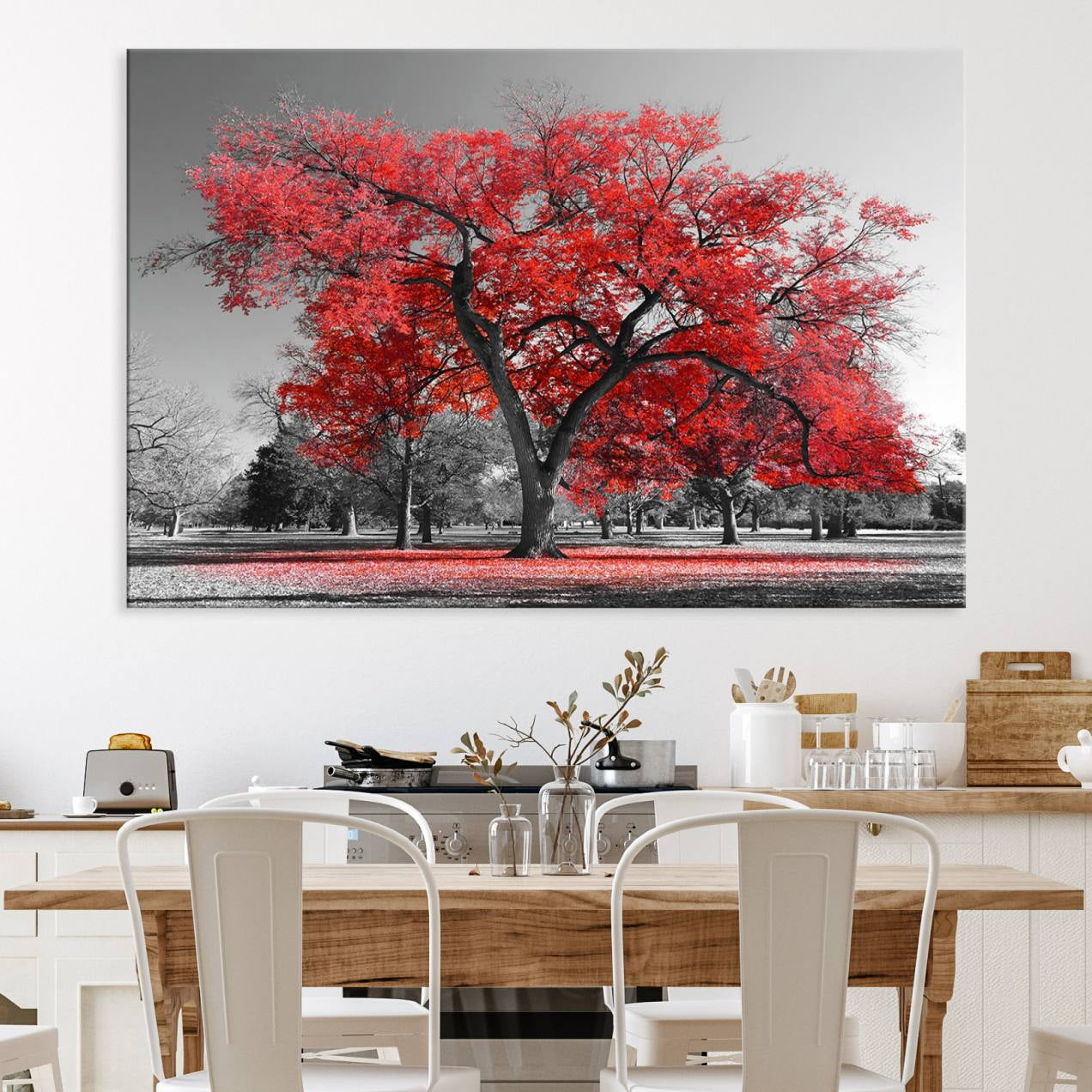 91146-MGV-CV-36X24-Red Autumn Tree Canvas Wall Art Print Autumn Art Black and White Nature Photo Art Tree