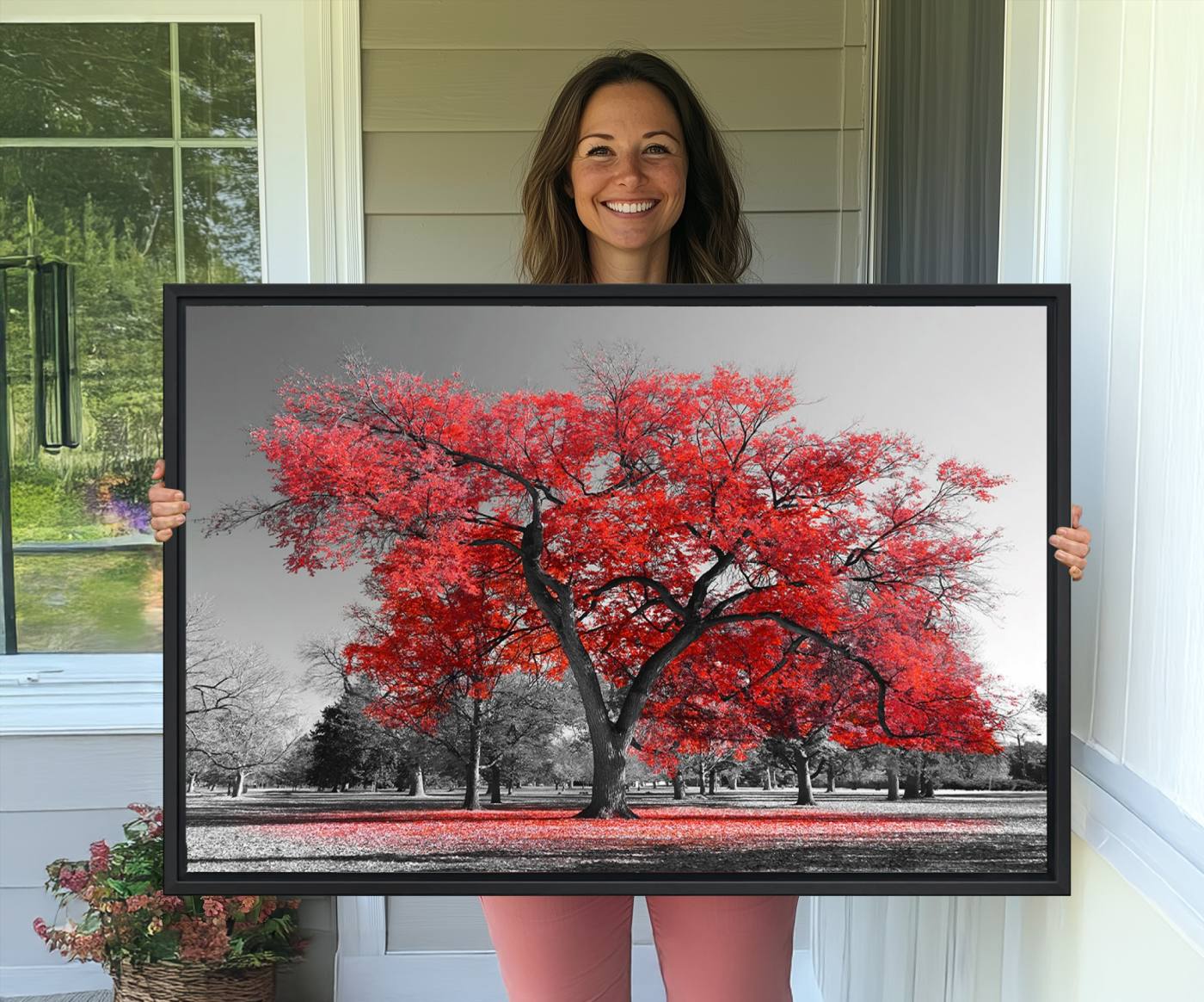 -Red Autumn Tree Canvas Wall Art Print Autumn Art Black and White Nature Photo Art Tree