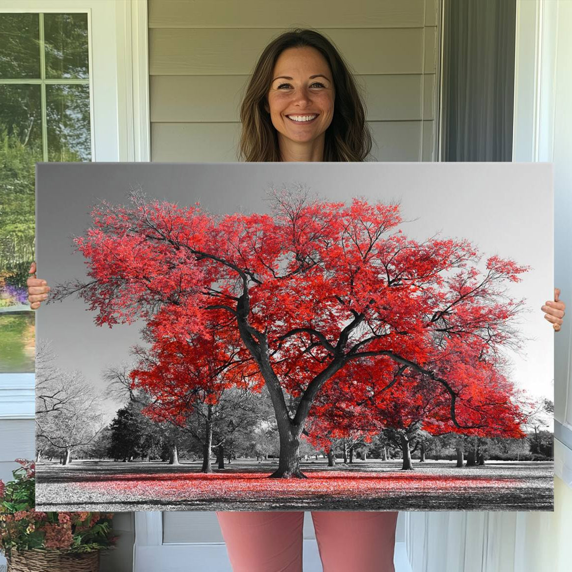 91146-MGV-CV-36X24-Red Autumn Tree Canvas Wall Art Print Autumn Art Black and White Nature Photo Art Tree