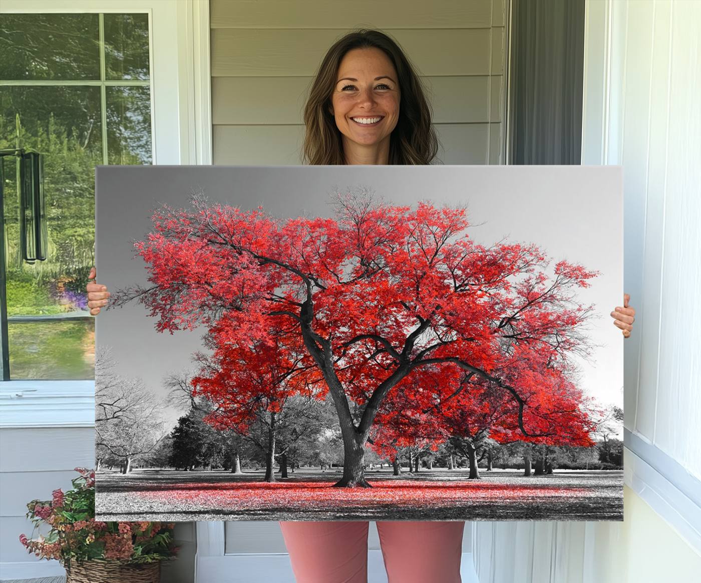 -Red Autumn Tree Canvas Wall Art Print Autumn Art Black and White Nature Photo Art Tree