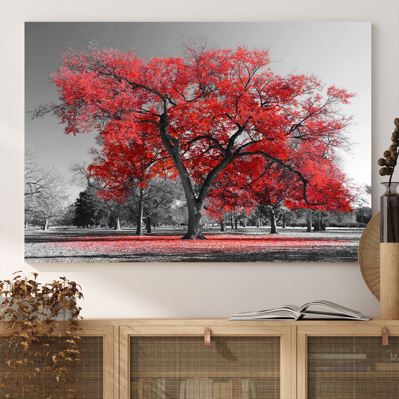 -Red Autumn Tree Canvas Wall Art Print Autumn Art Black and White Nature Photo Art Tree