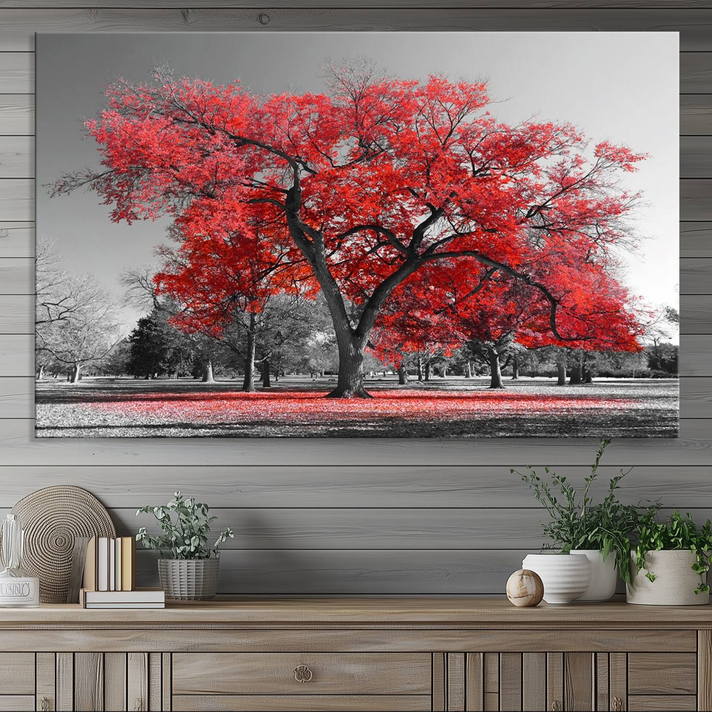 -Red Autumn Tree Canvas Wall Art Print Autumn Art Black and White Nature Photo Art Tree