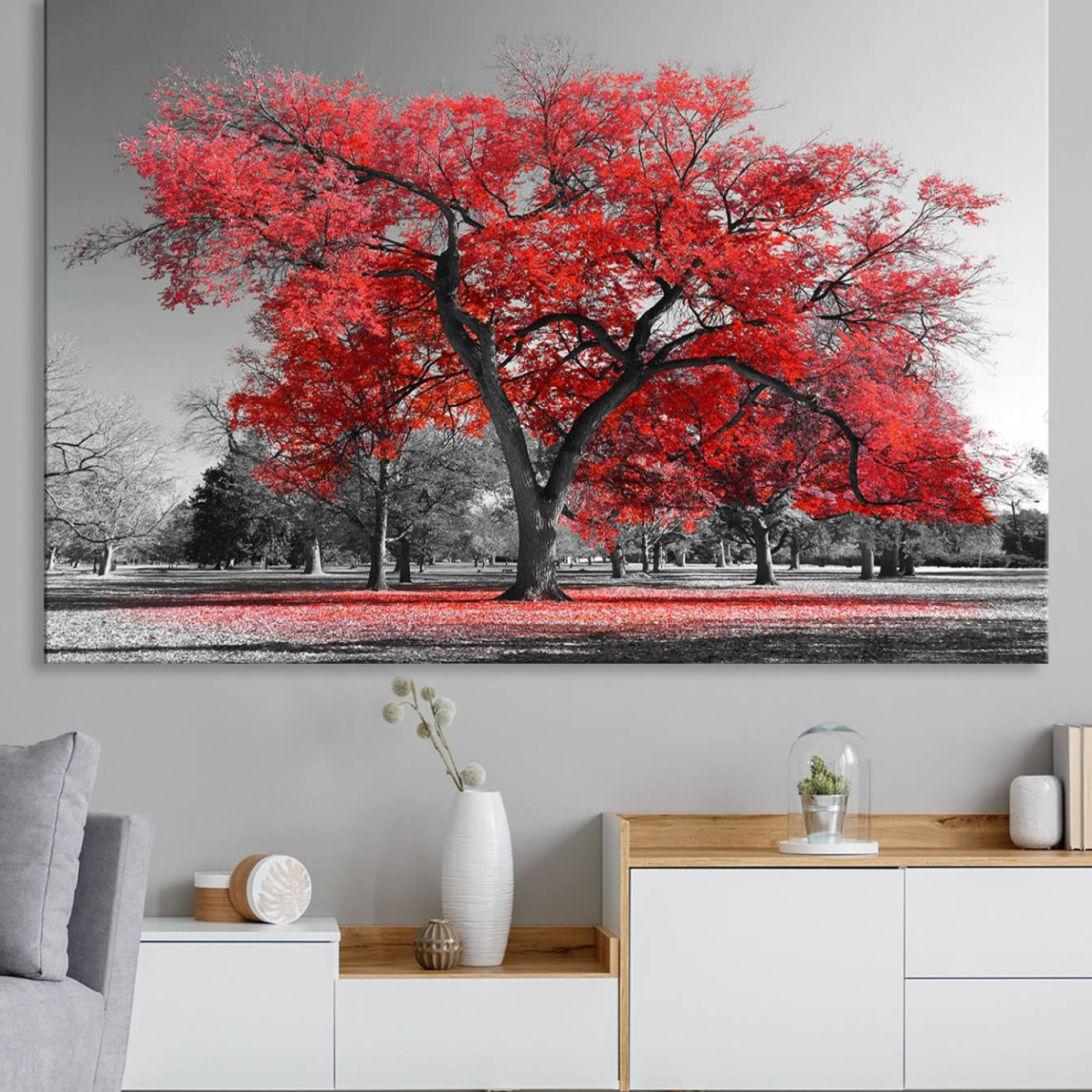 91146-MGV-CV-36X24-Red Autumn Tree Canvas Wall Art Print Autumn Art Black and White Nature Photo Art Tree