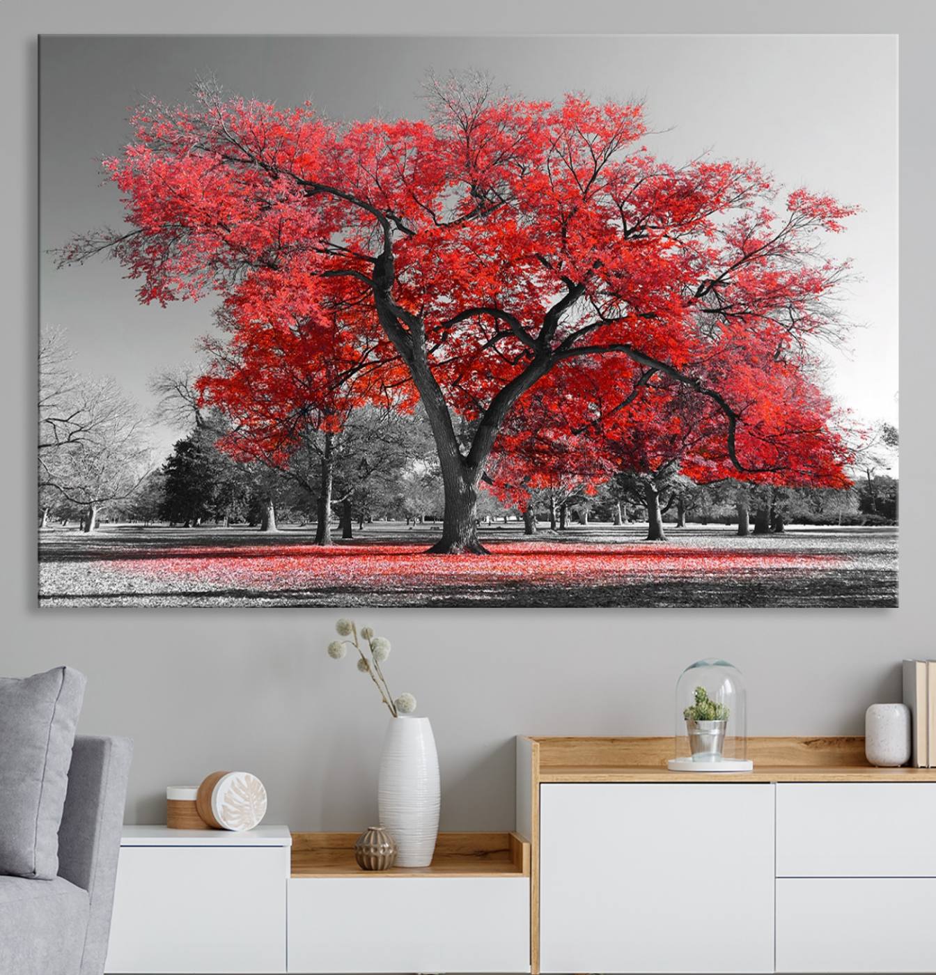-Red Autumn Tree Canvas Wall Art Print Autumn Art Black and White Nature Photo Art Tree