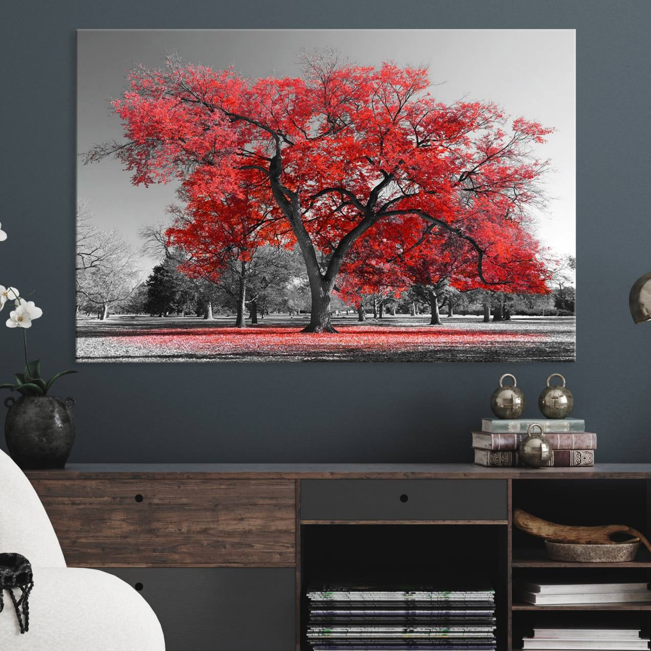 91146-MGV-CV-36X24-Red Autumn Tree Canvas Wall Art Print Autumn Art Black and White Nature Photo Art Tree