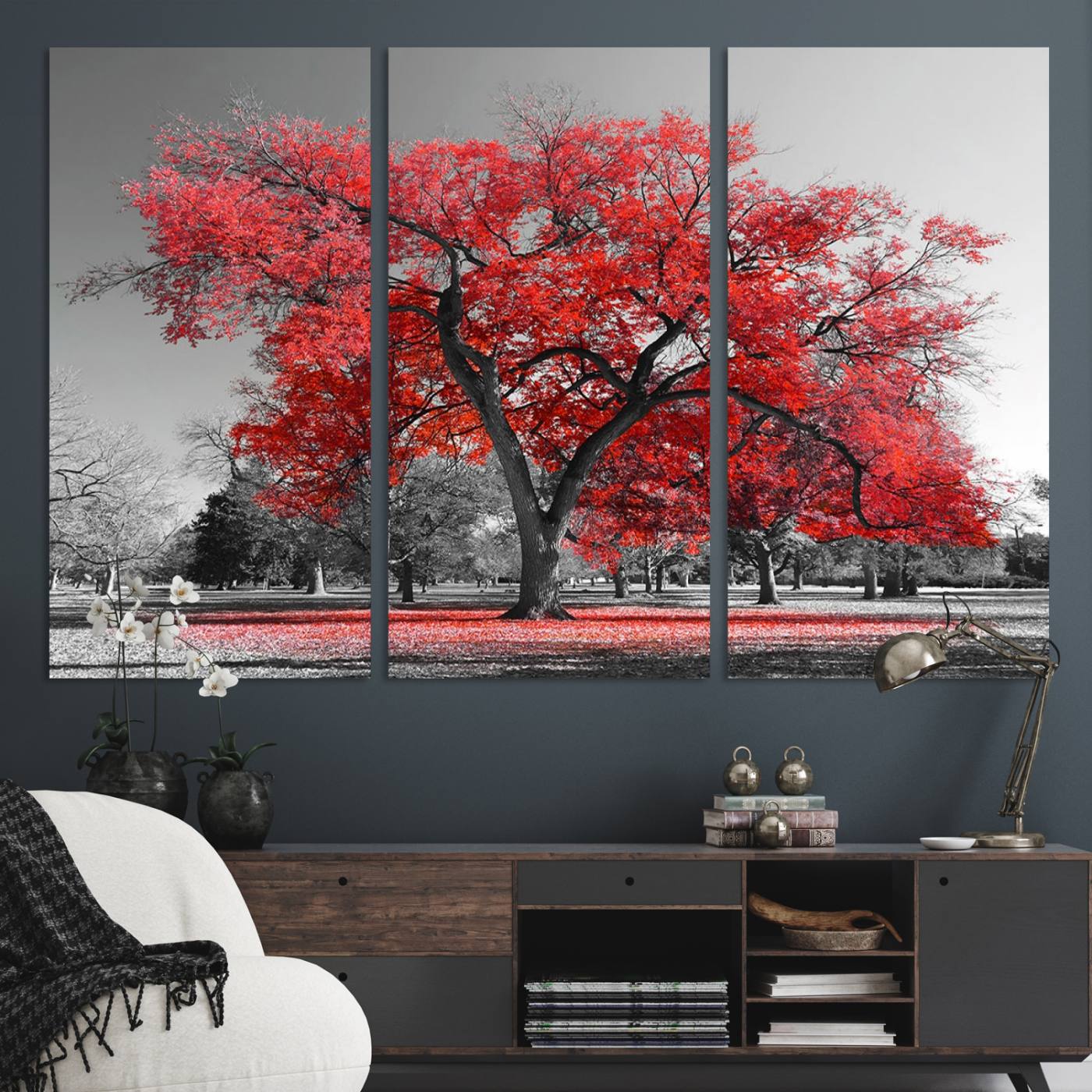 91146-MGV-CV-48X32-3P-Red Autumn Tree Canvas Wall Art Print Autumn Art Black and White Nature Photo Art Tree