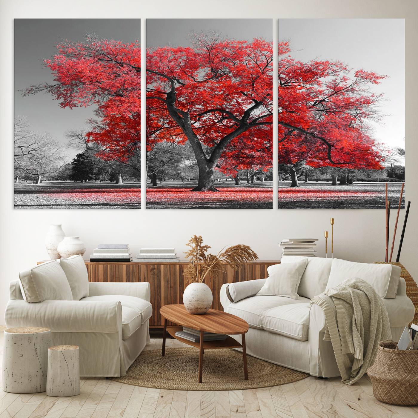 91146-MGV-CV-60X30-3P-Red Autumn Tree Canvas Wall Art Print Autumn Art Black and White Nature Photo Art Tree