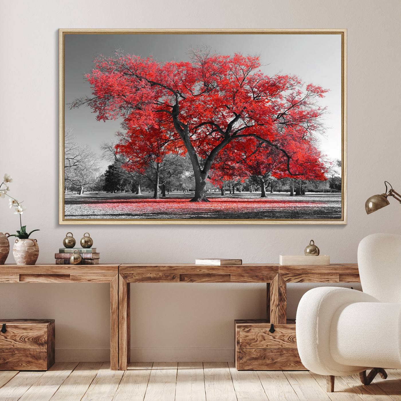 91146-MGV-FC-36X24_Natural-Red Autumn Tree Canvas Wall Art Print Autumn Art Black and White Nature Photo Art Tree