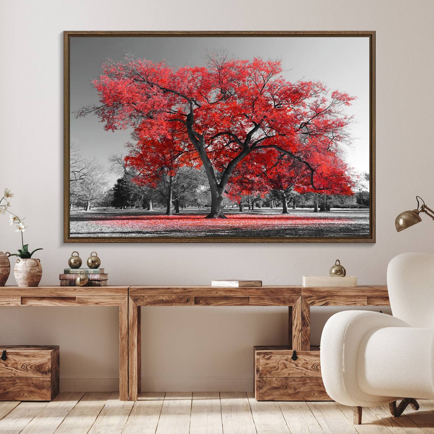 91146-MGV-FC-36X24_Walnut-Red Autumn Tree Canvas Wall Art Print Autumn Art Black and White Nature Photo Art Tree