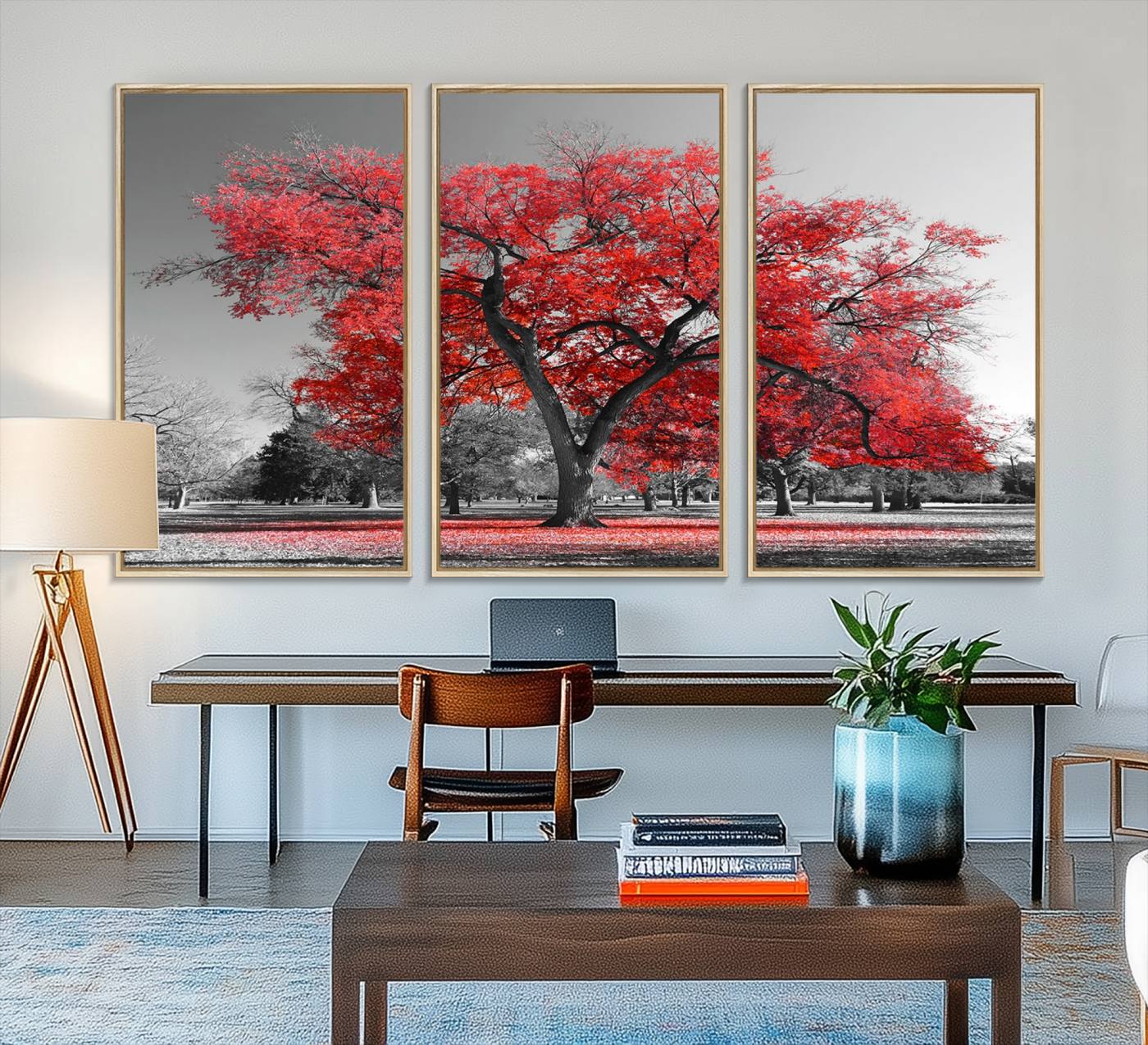 91146-MGV-FC-48X32-3P_Natural-Red Autumn Tree Canvas Wall Art Print Autumn Art Black and White Nature Photo Art Tree