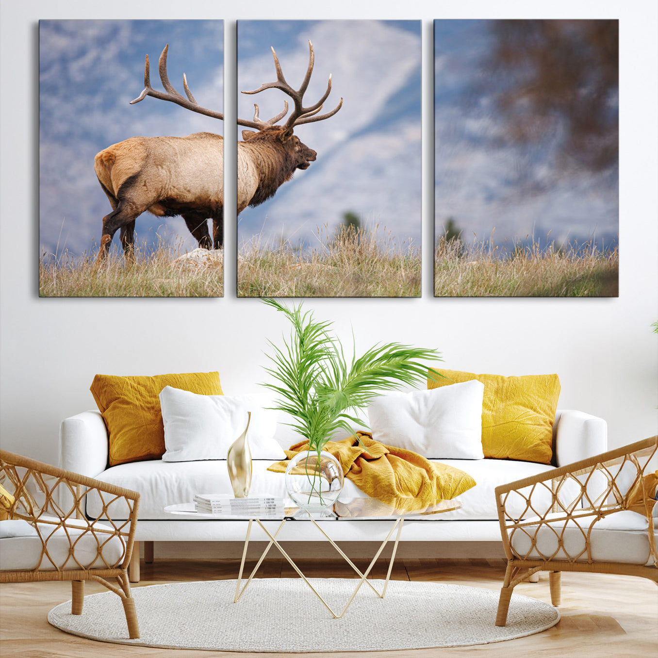 -Rustic Elk Wall Art Canvas Print, Wildlife Antler Print, Framed Western Hunting Lodge Art Print