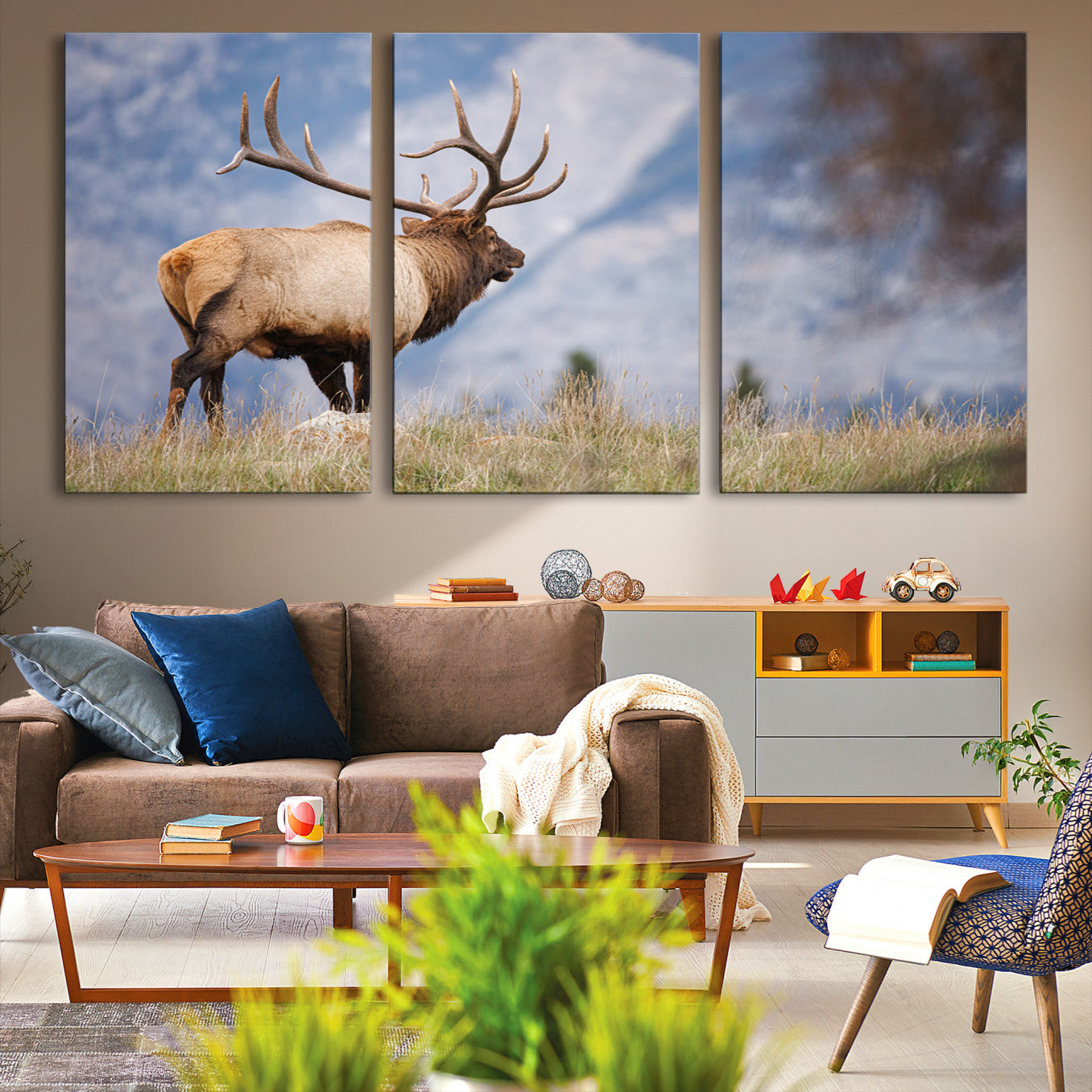 -Rustic Elk Wall Art Canvas Print, Wildlife Antler Print, Framed Western Hunting Lodge Art Print
