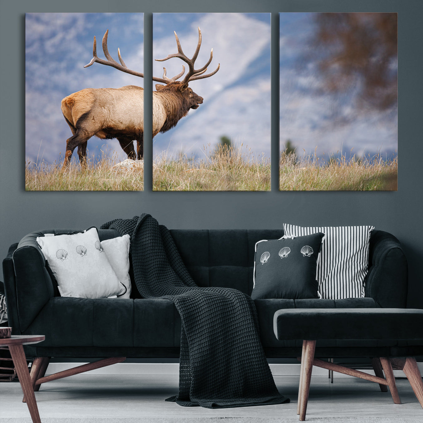 -Rustic Elk Wall Art Canvas Print, Wildlife Antler Print, Framed Western Hunting Lodge Art Print